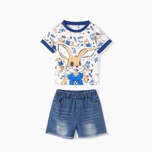 Easter Boy 2pcs Set with Animal Pattern Bunny T-shirt and Hole DENIM BLUE Shorts